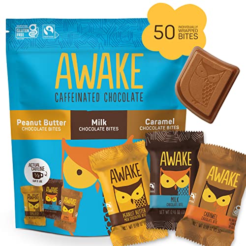 AWAKE - Caffeinated Chocolate Bites - Coffee Alternative - Low Calorie Snacks - Bite Size Energy Bars - 50mg of Caffeine in Each Bite - Non GMO - Gluten Free - Variety Pack - 50 Bites