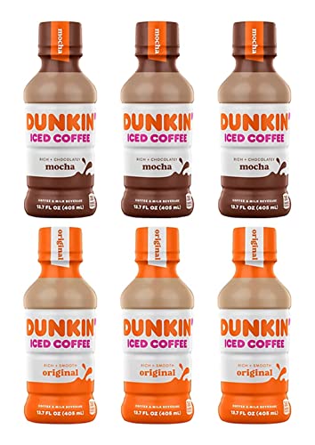 Westernmby Dunkin Donuts Iced Coffee Variety Pack 13.7 fl oz, 3 Mocha, 3 Original, total 6 bottles 13.7 Fl Oz (Pack of 6)