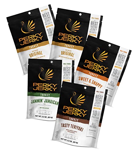 Perky Jerky Turkey Jerky Variety, 2.2 oz (Pack of 5) - Low Sodium - 7-10g Protein per Serving - Low Fat - 100% U.S. Sourced - Non-GMO