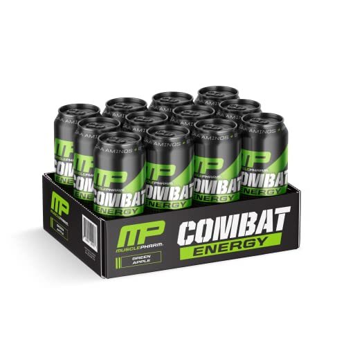 MusclePharm Combat Energy Drink 16oz (Pack of 12) - Green Apple - Sugar Free Calories Free - Perfectly Carbonated with No Artificial Colors or Dyes