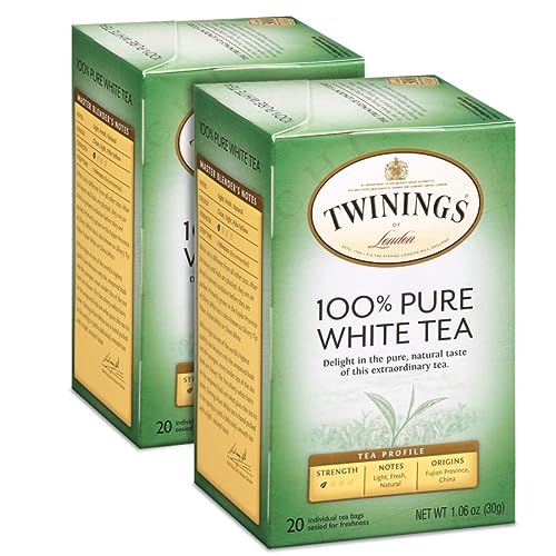 Twinings White Tea, 100% Natural Fujian Chinese Tea with a Light & Fresh Delicate Flavor, Low Caffeine, White Tea, 20 Tea Bags (Pack of 2)