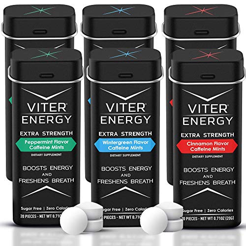 Viter Energy Extra Strength Caffeinated Mints 80mg Caffeine, B Vitamins, Sugar Free. (Variety, 20pcs, 6 Pack)