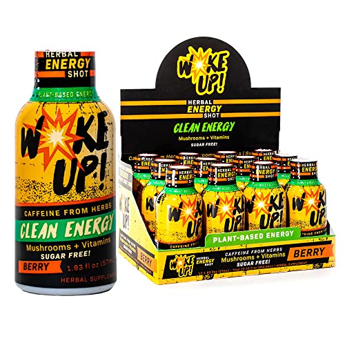 Woke Up! Energy Shot - Natural & Healthy Energy Drink - Sugar Free Energy Drinks with Vitamin B12, Lions Mane & Yerba Mate - Immunity Shot - Energy Shots Extra Strength - Berry Flavor (12 Pack)