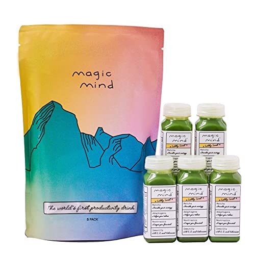 Magic Mind Focus Energy Drink Shots - No Jitters, Stress Relieving, Ashwagandha, Functional Mushrooms, Matcha Green Tea, Vitamin B12, Vitamin C - 2 FL Oz (5 Pack)