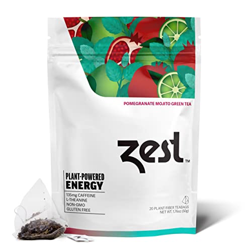 Zest 135mg High Caffeine Energy Leaf Blend - Pomegranate Mojito Green Tea - 20 Pack Bag - All Natural Strong Flavored Healthy Coffee Alternative Highly Caffeinated Substitute - Perfect for Keto