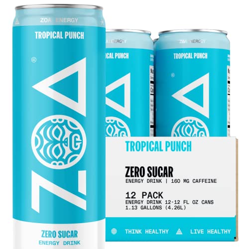 ZOA Zero Sugar Energy Drinks - Tropical Punch | Healthy Energy Formula with Natural Caffeine, Daily Vitamin C, Essential B-Vitamins | Gluten-Free, Keto Friendly | 12 Ounce Cans (Pack Of 12)