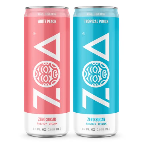 ZOA Sugar-Free Energy Drink Bundle 12 Fl Oz, (24 Pack) | Healthy Vitamin C, B6 & B12, Natural Caffeine | Tropical Punch, White Peach